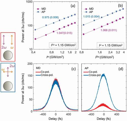 Figure 4. (a,b) Measured nonlinear emission coming from an isolated single nano-disk as a function of the pump intensity at (a) ω and (b) 2ω when fixing the other pump intensity to the value reported in the insets. MD refers to cylinders exhibiting magnetic resonance (radius 200 nm) while AP indicates nano-disk exhibiting the anapole condition (radius 335 nm). The fitting values of the power are reported beside each line, with the uncertainty in brackets. (c,d) Delay traces recorded on a single nano-disk having a radius of (c) 200 nm and(d) 335 nm. The pumps have polarization as indicated in the legends and intensities I(ω) = 0.79 GW/cm2 and I(2ω) = 1.6 GW/cm2. The left panels display a sketch of the two experimental incident configurations of the pumps.