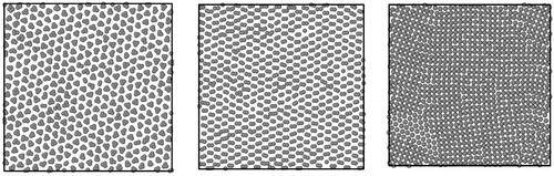 Figure 3. Particle configurations by ansatz potentials for target Kagome(left), honeycomb(center), and square(right) lattices in annealing simulations. Such ansatz potentials form the Bravais lattices of the target structures directly. Since a gradient based optimization converges to a local minimum, an adequate choice of ansatz potentials is essential.