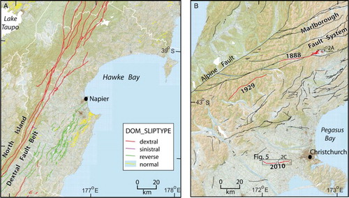 Figure 3. Examples of how to view the NZAFD250 data using a GIS or online. A, Selection of faults by style (DOM_SLIPTYPE) in the Hawke's Bay region (within white line). B, Selection of faults that have produced surface rupture (LAST_EVENT) in the historical period (red) among active faults of the central South Island (black). Locations of photo images in Figure 2 are identified with white stars.