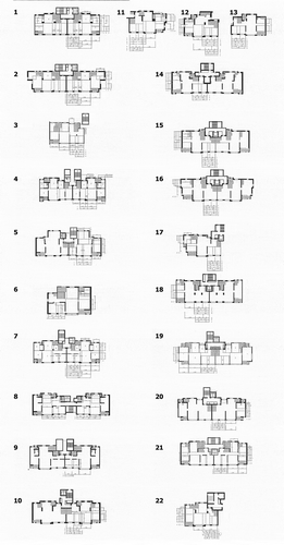 Figure 4. The variations of 22 floorplans (Edited based on the original source: Hwaseong City Citation2012)