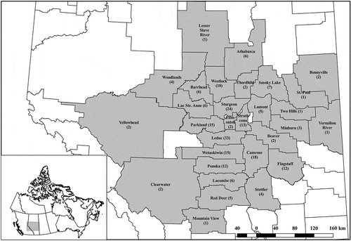 Fig. 1 Counties and municipal districts from which Plasmodiophora brassicae-infected canola root galls were collected and subjected to molecular analysis. Sampled counties and municipal districts are highlighted in grey, with the number of samples indicated in parentheses. The geographic shape file for Canada is from Boundary Files, 2011 Census. Statistics Canada Catalogue no. 92–160-X. Reproduced and distributed on an ‘as is’ basis with the permission of Statistics Canada. The Alberta municipal boundaries shape file is from AltaLIS and is used under the Open Data Licence.