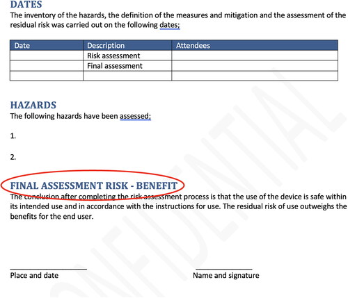 Figure 4. Screenshot of an example form to document the risks and mitigating measure taking, as well as the declaration that with the remaining risks it is safe to use the medical device for its intended use taking into account to set instructions for use.
