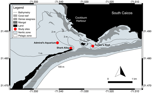 Figure 1. Locations of the three study sites in relation to Cockburn Harbour, South Caicos, Turks and Caicos Islands.
