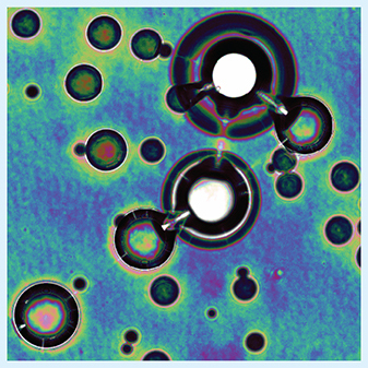 Illuminated microbubbles used to track blood flow with medical imaging.