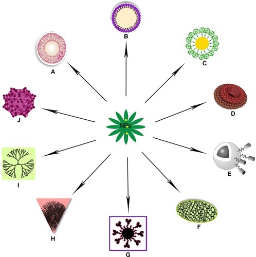 Figure 1 (A–J) Illustration to clarify the described drug-delivery systems of various nanoparticles (NPs). (A) Liposomal nanoparticle; (B) solid lipid nanoparticle; (C) gold nanoparticle; (D) nanodiamond; (E) magnetic nanovector;Citation220 (F) carbon nanotube; (G) quantum dot nanocarrier; (H) polymeric nanoparticle; (I) dendrimer nanoparticle; (J) virus-mediated nanocarrier.Citation219