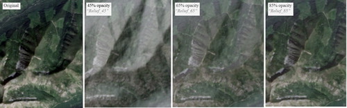 Figure 2. An illustration of how the changing opacity levels affect the outcome with the SRM overlay solution. Left to right: original satellite image, SRM overlain with 45%, 65%, and 85% opacity levels.