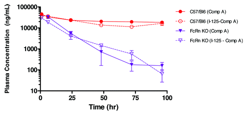 Figure 1. The effect of iodination on plasma pharmacokinetics of Compound A in wild type C57BL/6 (WT) and FcRn knockout (KO) mice, following a 3 mg/kg intravenous bolus administration. Terminal plasma samples were collected for radiolabeled Compound A (dotted line), as measured by gamma counting and each time point is the mean ± SD (n = 3). Serial plasma samples were collected for unlabeled Compound A (solid line), as measured by ELISA, and each data set is mean ± SD (n = 3).