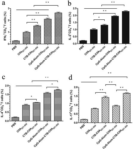 Figure 4. Detection of antigen-specific CD4+ T cells producing IFN-γ, IL-2, IL-4, and IL-17. Splenocytes from three mice per group were isolated 2 weeks after the secondary immunization. After the splenocytes were treated with the ClfA221-550 proteins, the percentage of CD4+ T cells producing IFN-γ, IL-2, IL-4, and IL-17 was analyzed by flow cytometric method. The CD4+ T cells response for IFN-γ (a), IL-2 (b), IL-4 (c) and IL-17 (d). The statistical differences between the groups are shown as **P < 0.01, *P < 0.05. The data are shown as the mean ± SD (n = 3).