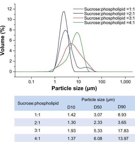 Figure 3 Particle size distribution of recombinant human epithelial growth factor liposomal dry powders prepared using ultrasonic spray freeze-drying, with varying sucrose to phospholipid ratios.Abbreviation: D, diameter.