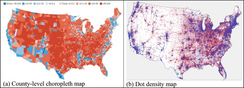 Fig. A1 Maps of 2016 U.S. presidential election results: (a) county-level choropleth map; (b) dot density map. Sources: (a) https://www.washingtonpost.com/news/politics/wp/2018/07/30/presenting-the-least-misleading-map-of-the-2016-election/; (b) http://arcg.is/1yLmOL.