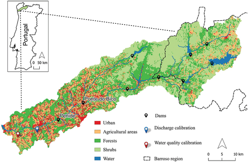 Figure 1. Location of the Cávado River basin, land cover (DGT, Citation2010), calibration sites, dams (SNIRH), and the location and name of the most important water abstractions for drinking water treatment (i.e., Penide and Ponte do Bico).