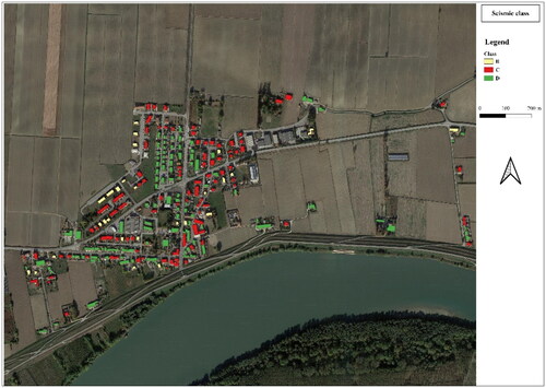 Figure 10. 1:5000 scale map showing the cataloging of buildings according to seismic risk class.