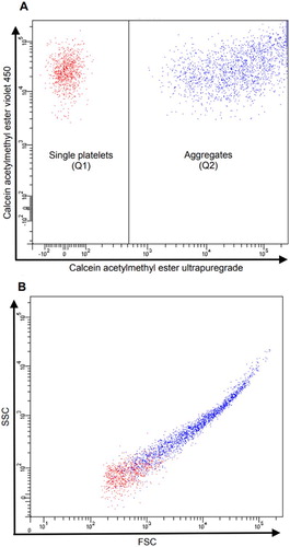 Figure 1. PLTs run on the flow cytometer gated on CAM ester Violet 450-postitive events (Q1) and CAM ester ultrapuregade-positive events. (A) PLT aggregation was calculated as the percentage of events positive for both CAM Ultrapuregrade and CAM Violet 450 representing PLT aggregates (Q2) out of the total CAM Violet 450-positive events (Q1 + Q2). PLT aggregation (%) = Q2/(Q1 + Q2)B) shows the values of side scatter (SSC) and forward scatter (FSC) of CAM ester Violet 450-postitive PLTs (Q1) and PLTs positive for both CAM ester Violet 450 and CAM ester ultrapuregrade.