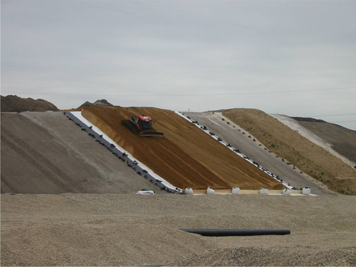 Figure 12. Geogrids are used to prevent sliding on long and steep slopes during installation and use of a landfill capping system [Citation58].