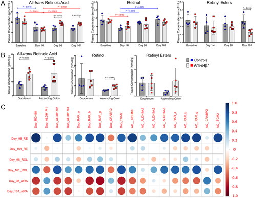 Figure 4. Plasma and gut all-trans-retinoic acid metabolism are rescued by anti-α4β7 administration. (A) Quantification of plasma retinoids atRA, ROL, and RE concentrations. (B) Gut tissue plasma retinoid concentrations in the duodenum and ascending colon at necropsy. Statistical analyses were performed using unpaired T-tests when comparing between groups and paired T-tests when comparing within groups across time points (IgG1 Ab: n = 4; anti-α4β7 Ab: n = 5). (C) Modified correlogram comparing plasma retinoids at days 98 and 161 with gut gene expression at necropsy. Pearson correlation coefficients and P-values were also determined and are available in Supplemental Table 3.