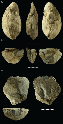 Figure 6. Large Cutting Tools from EDAR 135: A) handaxe, quartz; B) basal fragment of a handaxe, rhyolite; and, C) chopper made from a rhyolite cobble.