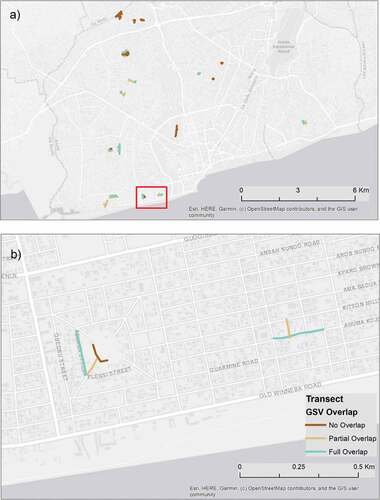 Figure 4. (a) Locations and 2022 Google Street View coverage of environmental transects in Greater Accra, Ghana. (b) Inset map showing transects in two case study enumeration areas