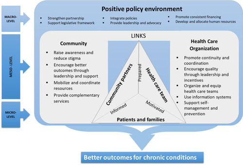 Figure 3 The World Health Organization ICCC framework. Notes: Adapted with permission from the WHO, Innovative care for chronic conditions: building blocks for action, Available from: http://www.who.int/chp/knowledge/publications/icccreport/en/. Copyright 2002.Citation42