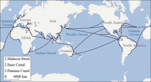Figure 3. Basic layout of the global container shipping network.Source: realised by authors based on statistical data on all routes operated by the top 100 container liner companies.