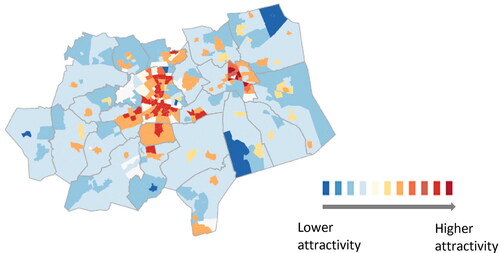 Figure 2. Neighbourhoods of Eindhoven region (Netherlands), predicted attractivity for seniors.