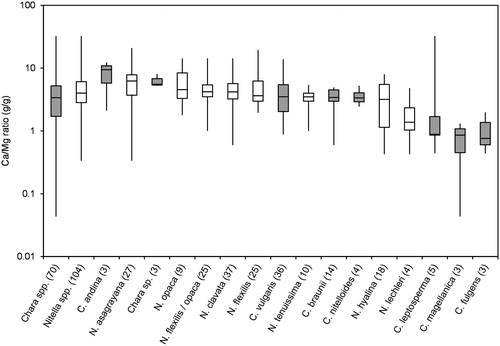 Figure 6. Box-Whisker plot of Ca/Mg-ratios (g/g) for all taxa with at least 3 values in the water chemistry dataset. Minimum, maximum and median values are given as well as 50% and 75% quartiles (boxes). Number of values are given in brackets; Chara spp. marked in grey.