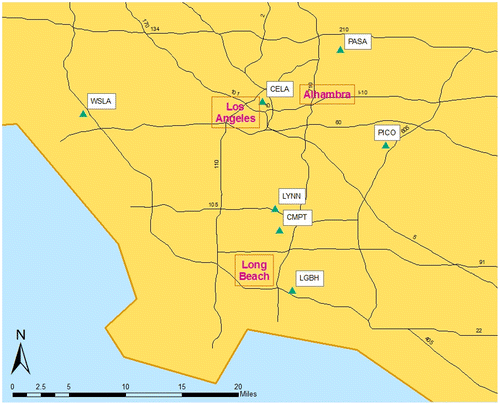 Figure 1. Microenvironmental measurements were made in three study areas, downtown Los Angeles, Alhambra, and Long Beach.