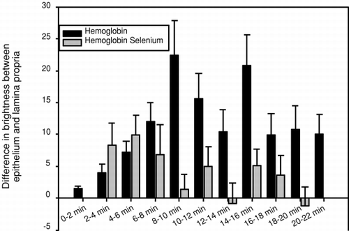 Figure 9. Histogram showing the difference in fluorescence intensity of dihydrorhodamine 123 between the epithelium and lamina propria of intestinal villi, after injection of DBBF-Hb in rats fed supplemental selenium or a normal diet. On the abscissa is plotted the time after injection in minutes.