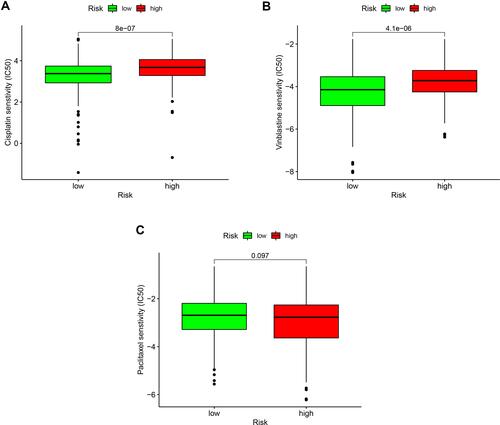 Figure 8 Assessment of the IC50 of common chemotherapeutic drugs by the risk model. Box plots revealed that the high-risk score was significantly associated with a higher IC50 of chemotherapeutics such as cisplatin (A, p<0.001), vinblastine (B, p<0.001), and paclitaxel (C, p=0.097).