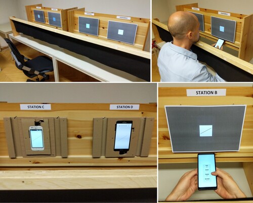 Figure 2. Lab setup for the study. Top left: The four viewing stations of the experiment, with phones covered by bezels, a guide rail to ensure constant viewing distance and a black curtain to minimize reflections. Top right: pose of the participant during the experiment. Bottom left: phones D1 and D3 mounted in their adapter blocks at stations C and D. Bottom right: stimulus and response displays from the participant’s point of view (staged with increased stimulus size for illustration purposes).