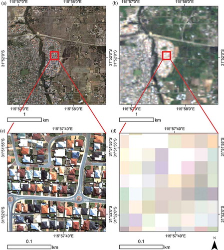Figure 2. Comparison of true colour high spatial resolution data (a) (acquired from 14 March 2007) and Landsat surface reflectance (b) (acquired on 6 October 2007 [path 112]), highlighting the spatial detail captured by high-resolution imagery (c) and the same areas as observed by Landsat (d) for the subset East Beechboro used within this study.