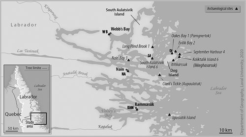 Figure 1. Location of Webb’s Bay (WB), Nain (NA), Kammasûk (KAM), South Aulatsivik (SA) and Dog Island (DI) study sites and significant archaeological sites in the Nain archipelago