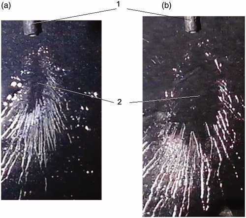 Figure 5. Picture of an aerosol plume interacting with the surface upon the RDX desorption from the glass surface by water aerosol. (a) Qs = 2 mL/h, (b) Qs = 4 mL/h. 1 – nebulizer nozzle, 2 – region of continuous solvent film. (Nebulizer nozzle (1) of 2 mm defines an image scale.)