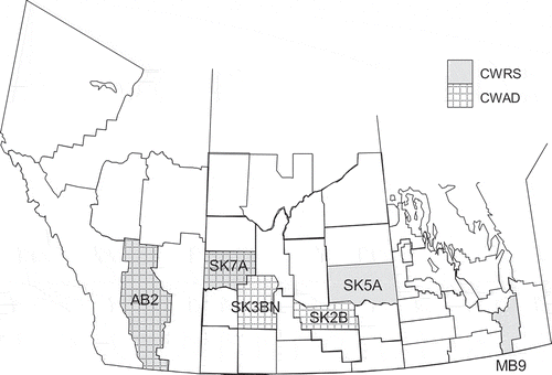Fig. 1 Crop districts of Western Canada from which Canada Western Red Spring (CWRS) and Canada Western Amber Durum (CWAD) samples were obtained.