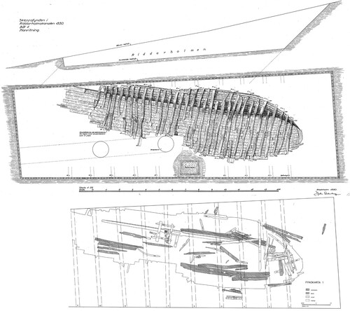 Figure 6. Two examples of site plans made by John Söderberg. A. The first plan reveals the empty hull is the one that appear in several publications. B. The second plan reveals the ceiling, shelf clamp and other elements of the hull that have never been published. Bow to the right (SSM10090100_SR195_SRARKRITN, public domain).