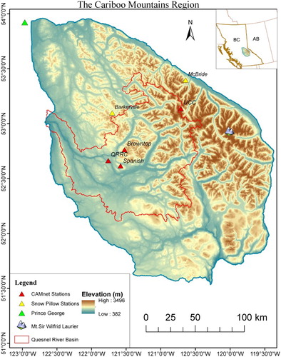 Fig. 1 Topographic map of the Cariboo Mountains Region (CMR) and its location within British Columbia, Canada, along with the location of the CAMnet and snow pillow stations used for validation and comparison of the gridded data.