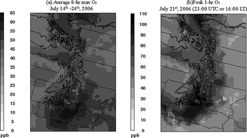 Figure 2. (a) Average simulated surface concentration of 8-hr daily maximum O3 during 14–24 July 2006. (b) Surface concentration of O3 at 11:00 p.m. (23:00) coordinated universal time (UTC) or 4:00 p.m. (16:00) local time (LT) on 21 July, when the overall maximum peak occurred.