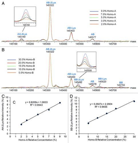 Figure 7. Deconvoluted mass spectra (intact antibody charge envelope) and homodimer intensity response curves for Hetero-AB mixed with varying amounts of Homo-A or Homo-B standards. (A) Overlaid spectra for Hetero-AB containing Homo-A, normalized to the AB-2Lys peak. (B) Overlaid spectra for Hetero-AB containing Homo-B, normalized to the AB-2Lys peak. (C) Plot of AA-2Lys intensity (relative to the sum of AA-2Lys and AB-2Lys intensities) vs. Homo-A relative concentration. (D) Plot of BB-2Lys intensity (relative to the sum of BB-2Lys and AB-2Lys intensities) vs. Homo-B relative concentration.