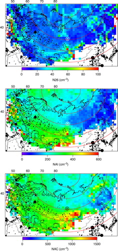 Fig. 4 As Fig. 3 but for number concentration of particles <26 nm (top, N26, cm−3), between 26 and 80 nm (center, NAI, cm−3), and larger than 80 nm (bottom, NAC, cm−3) measured at ZOTTO 2006–2012.