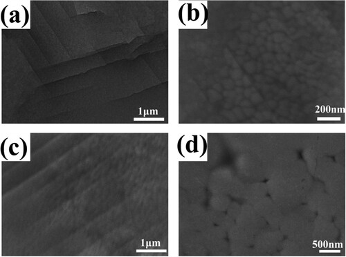 Figure 3. SEM images of typical grains and slip lines after (a–b) 5 and (c–d) 15 pulses.