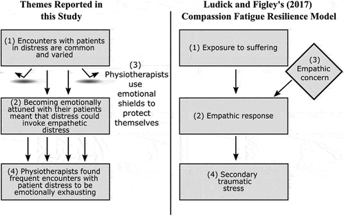 Figure 2. Mapping of the four themes identified in the current study to elements of the compassion fatigue resilience model (CFRM) (Ludick and Figley, Citation2017). Only the relevant components of the CFRM are shown above.