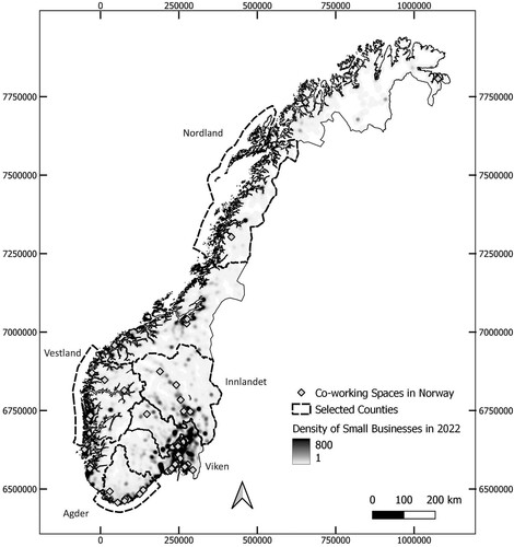 Fig. 1. Concentration of coworking spaces (CS) in the five selected counties of Vestland, Innlandet, Agder, Nordland, and Viken, Norway