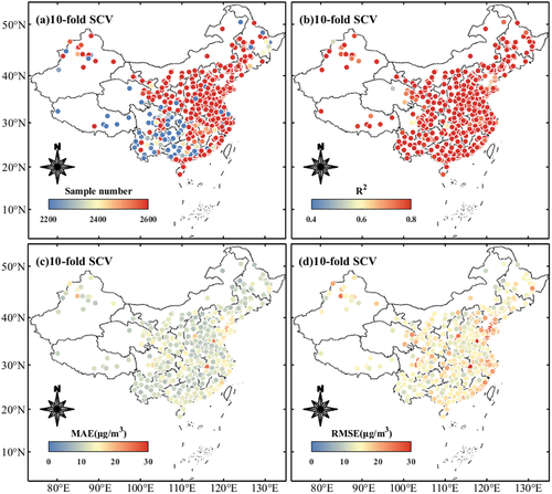 Figure 6. Spatial distribution of estimated performance from conducted model versus corresponding site-based observations for sample number (a), R2 (b), MAE (c), RMSE (d).