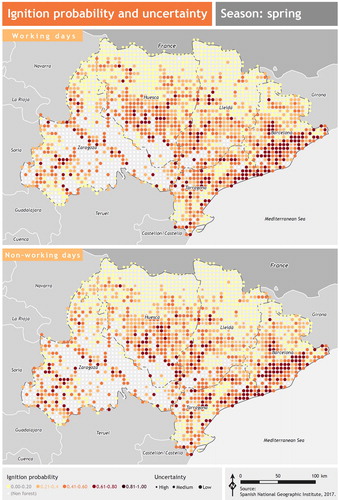 Figure 9. Ignition probability and uncertainty of spring working days and non-working days. Source: National (Spain) Geographic Institute.