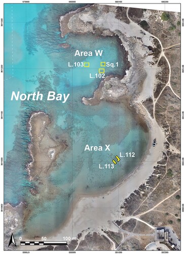 Figure 11. Location of excavations in North Bay (aerial photograph by A. Tamberino, prepared by M. Runjajić).