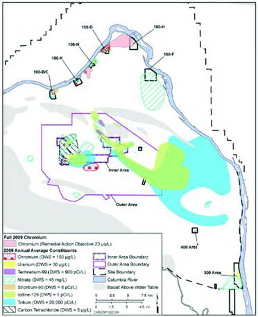 FIGURE 2. 129I plumes in the surface aquifer of the 200 East and 200 West Areas on the Hanford Site. 129I plumes coexist with other contaminants. 129I, 99Tc, and 3H are the primary risk drivers at the site (Department of Energy, 2012b).