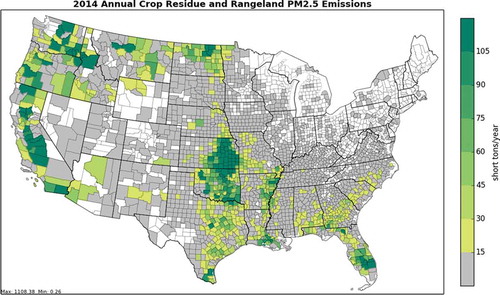 Figure 1. 2014 annual crop residue and rangeland PM2.5 emissions by county.