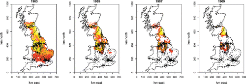 Figure 4. Image plots of log predicted number of days exceeding the EU daily exposure threshold for town center locations for several years in the 1960s. By 1975 there were essentially no exceedance days predicted.