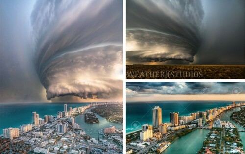 Figure 4. Hurricane Dorian composite.Note: The composite image, at left, which uses multiple manipulation techniques, and was shared on social media with a caption that claimed it portrayed Hurricane Dorian swirling over Florida, used resampling techniques to make the horizontal photo of a storm cell in Kansas fit the vertical composition at left.
