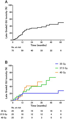 Figure 1. Cumulative incidence of late grade 2 genitourinary toxicities in (A) all cohorts and (B) each cohort.