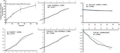 Figure 5. Fitting equations and correlation coefficients of cumulative release of doxorubicin hydrochloride (%) in MVLs with large particle size in PBS containing 10% FBS (pH7.4).